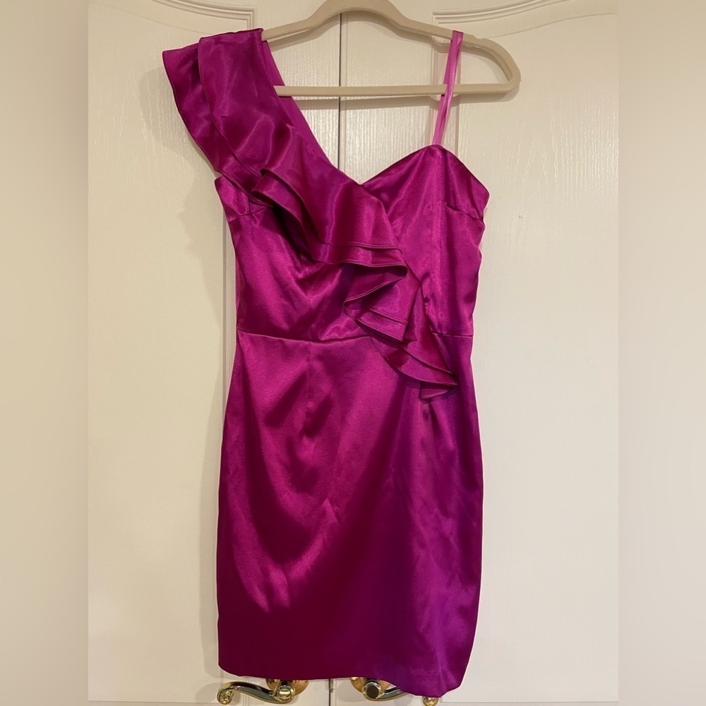 NWT Hailey Logan by Adrianna Pappell hot pink one ruffle shoulder dress​​​​​​